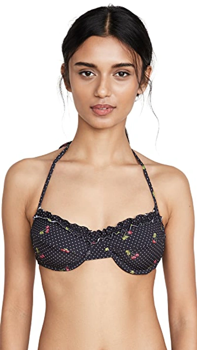 Shop Shoshanna Bra Halter Ruffled Bikini Top In Black/ivory/red