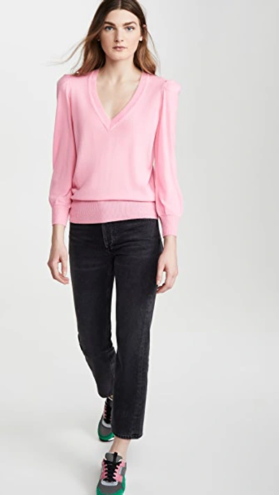 Shop Autumn Cashmere Puff Sleeve Cashmere V Neck Pullover In Candy