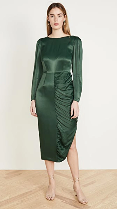 Shop Alexa Chung Gathered Dress Crepe Satin In Dark Green