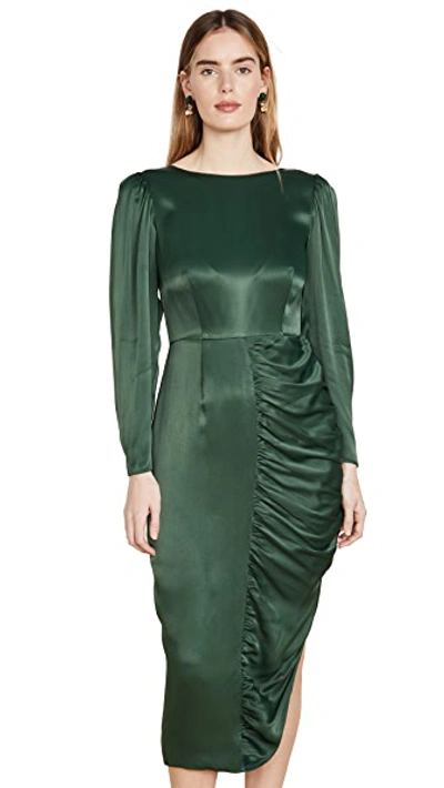 Shop Alexa Chung Gathered Dress Crepe Satin In Dark Green