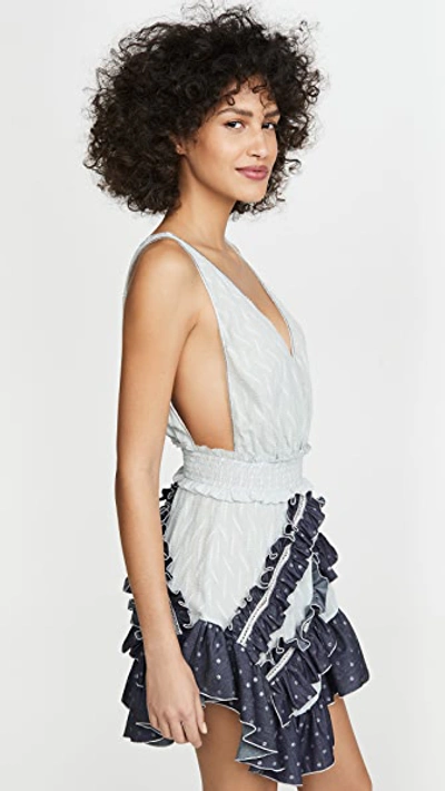 Shop Chio Asymmetrical Embroidered Ruffle Dress In Denim