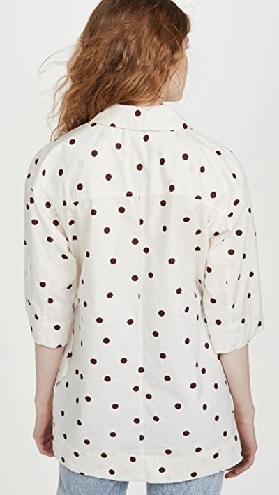 Shop Ganni Printed Cotton Poplin Blouse In Egret