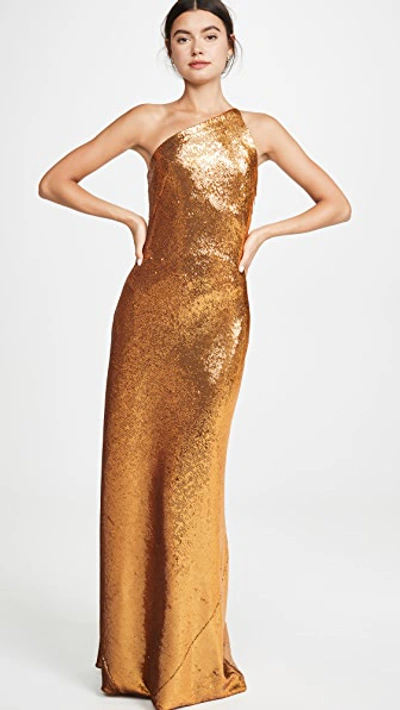 Shop Galvan Gilded Roxy Sequin Dress In Burnished Gold