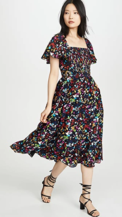 Tanya Taylor Glenda Smocked Square-neck Midi Dress In Confetti Lg Blk |  ModeSens