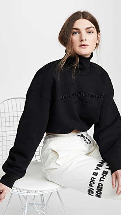 Shop Alexander Wang Cropped Mock Neck Sweatshirt With Embroidery In Black