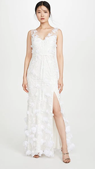 Shop Marchesa Notte V Neck Embroidered Gown With 3d Chiffon Flowers And Front Slit In Ivory