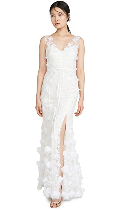 Shop Marchesa Notte V Neck Embroidered Gown With 3d Chiffon Flowers And Front Slit In Ivory