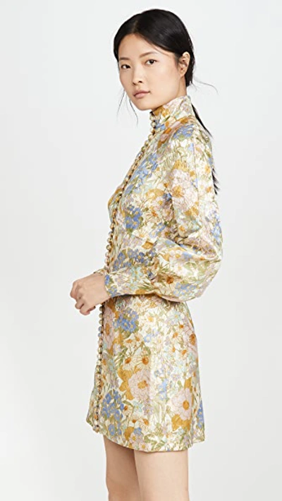 Shop Zimmermann Super Eight Brocade Long Sleeve Mini In Blue Meadow