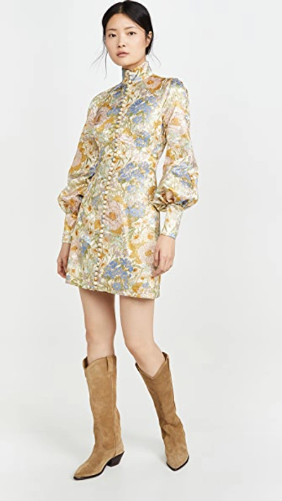 Shop Zimmermann Super Eight Brocade Long Sleeve Mini In Blue Meadow