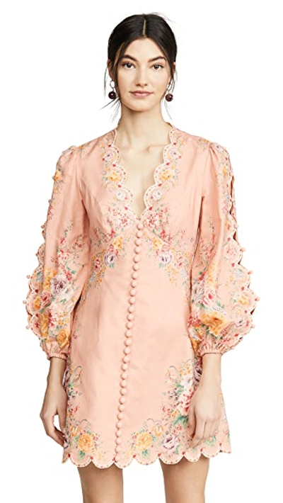 Shop Zimmermann Zinnia Scallop Mini Dress In Coral Floral