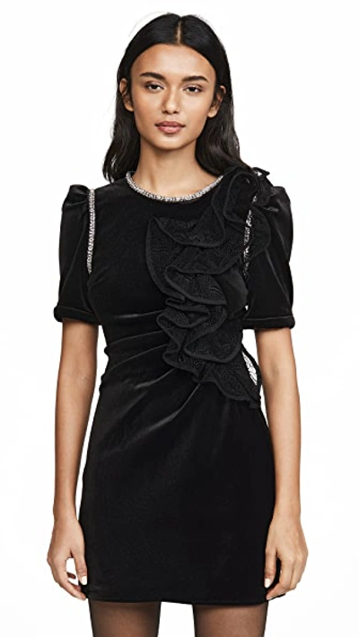 Shop Self-portrait Velvet Ruffle Mini Dress In Black