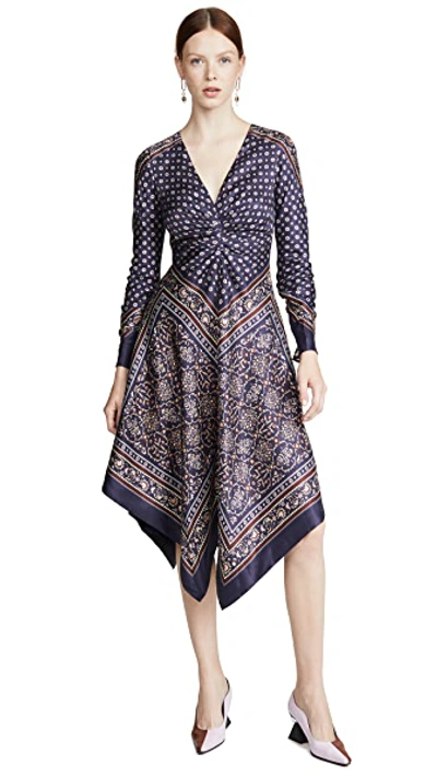 Shop Jonathan Simkhai Scarf Print Deep V Long Sleeve Dress In Midnight Combo