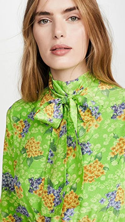 Shop Les Rêveries Ruffle Cuff Pussy Bow Dress In Green Hyacinth