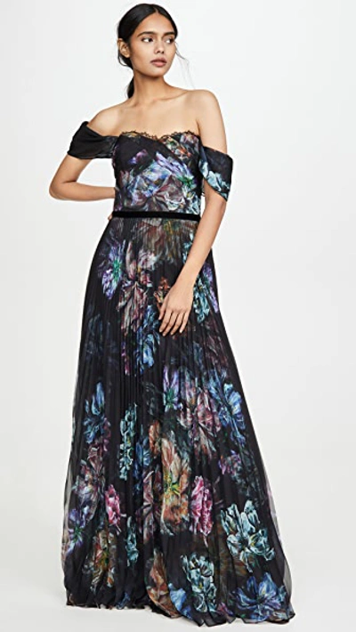 Shop Marchesa Notte Off The Shoulder Printed Chiffon And Charmeuse Gown In Black