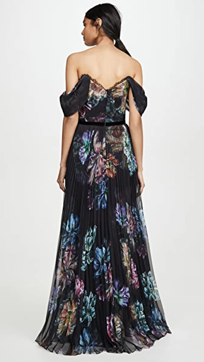 Shop Marchesa Notte Off The Shoulder Printed Chiffon And Charmeuse Gown In Black