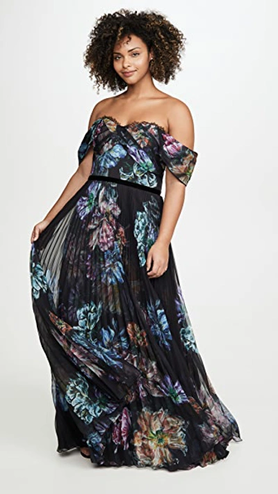 Shop Marchesa Notte Off The Shoulder Printed Chiffon And Charmeuse Gown In Black