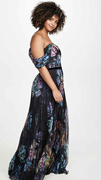 Shop Marchesa Notte Off The Shoulder Printed Chiffon And Charmeuse Gown In Black