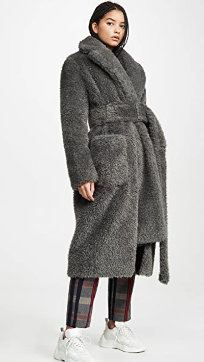 Shop Helmut Lang Shaggy Fur Belted Coat In Charcoal Melange
