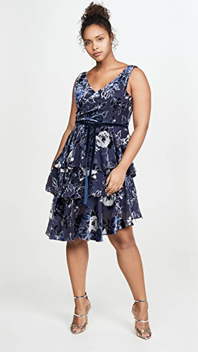 Shop Marchesa Notte Velvet Burn Out Chiffon Cocktail Dress In Navy