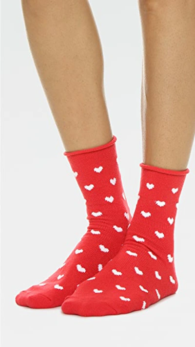 Shop Plush Heart Rolled Fleece Socks In Red