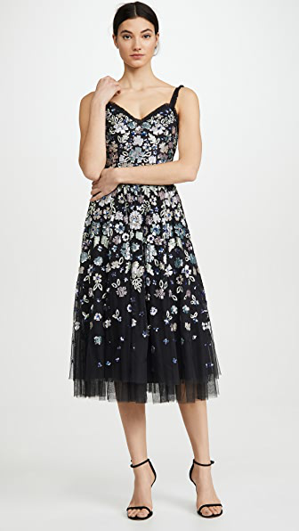 needle & thread embroidered bodice tulle midi dress in graphite
