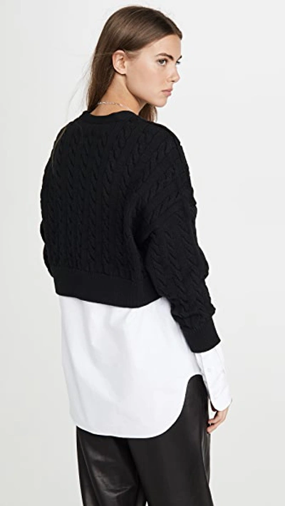 Shop Alexander Wang T Cable Bi Layer Cardigan With Oxford Shirt In Black/white