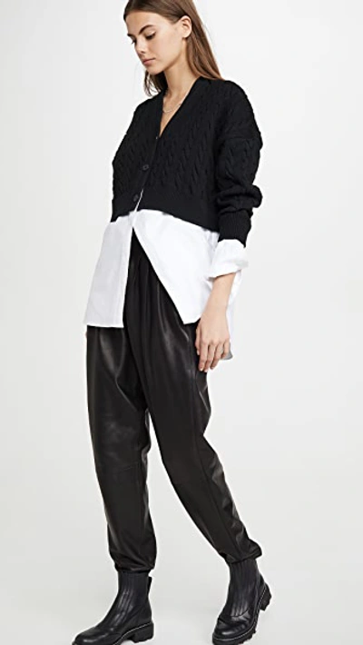 Shop Alexander Wang T Cable Bi Layer Cardigan With Oxford Shirt In Black/white