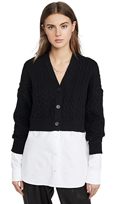 Shop Alexander Wang T Cable Bi Layer Cardigan With Oxford Shirt In Black/white