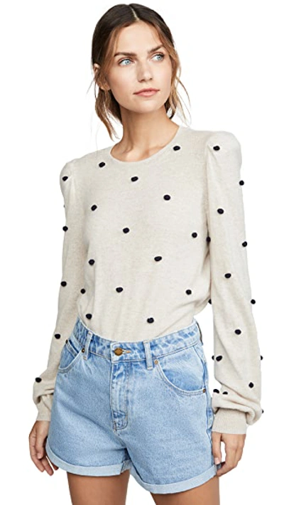 Shop Autumn Cashmere Puff Sleeve Pom Pom Cashmere Crew In Mojave/navy