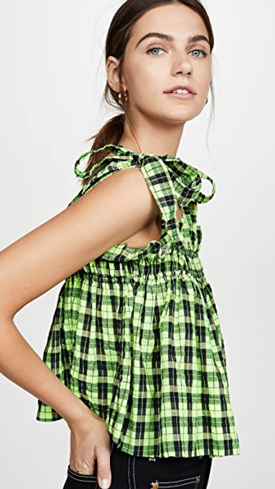 Shop Ganni Seersucker Check Top In Neon Maize