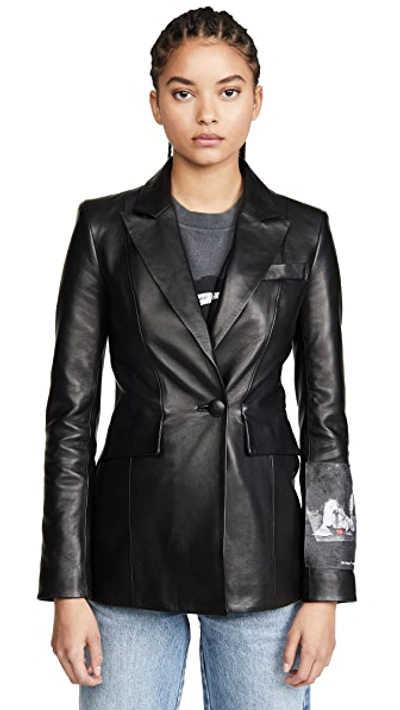 Shop Off-white Leather Fitted Jacket In Black