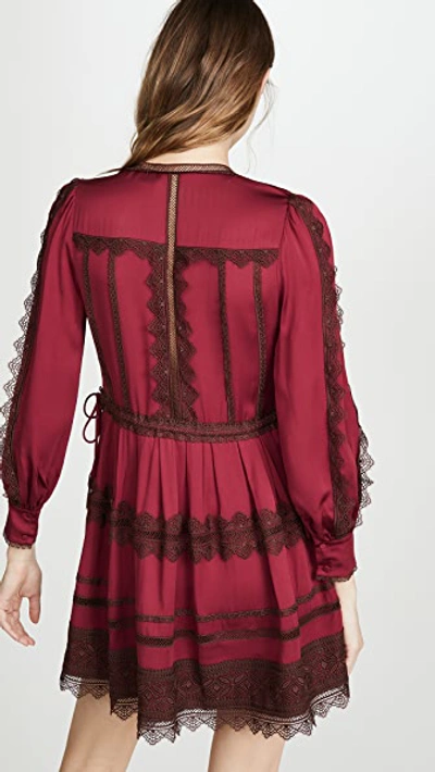 Shop Self-portrait Lace Trim Mini Dress In Burgundy & Chocolate