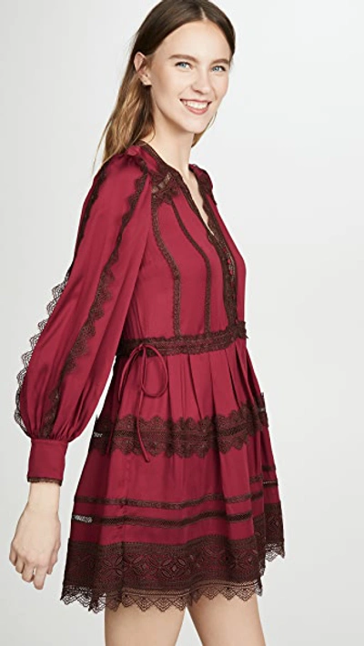 Shop Self-portrait Lace Trim Mini Dress In Burgundy & Chocolate