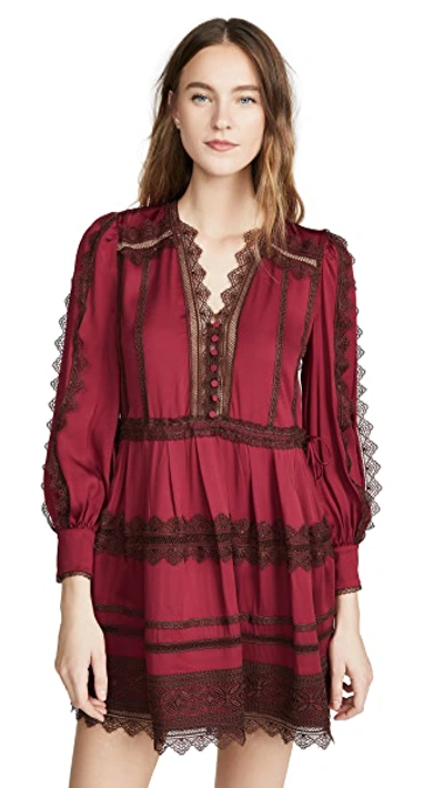 Shop Self-portrait Lace Trim Mini Dress In Burgundy & Chocolate