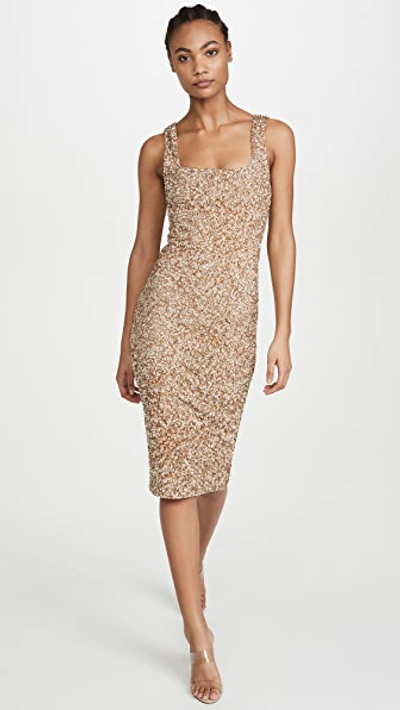Shop Alice And Olivia Helen Sequin Fitted Square Neck Dress In Pale Gold