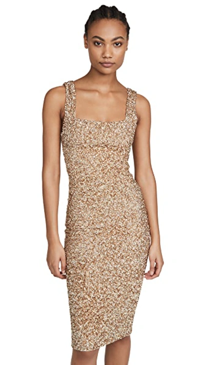 Shop Alice And Olivia Helen Sequin Fitted Square Neck Dress In Pale Gold