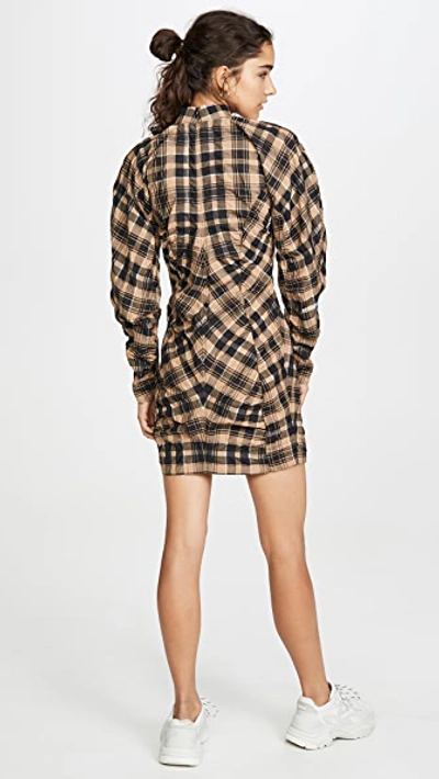 Shop Ganni Seersucker Check Dress In Tiger's Eye