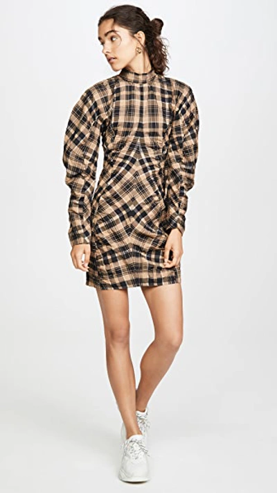 Shop Ganni Seersucker Check Dress In Tiger's Eye