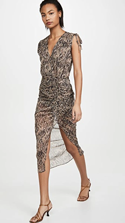 Teagan Snake Print Ruched Silk Dress In Beige