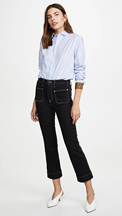 Shop Khaite Raquel Patch Cropped Flare Jeans In Black Rinse Ivory Topstitch