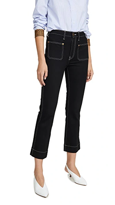 Shop Khaite Raquel Patch Cropped Flare Jeans In Black Rinse Ivory Topstitch