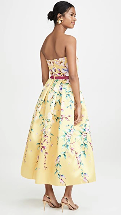 Shop Marchesa Notte Strapless Printed Corseted Gown In Yellow
