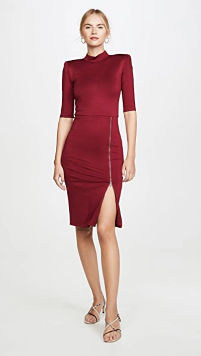 Shop Alice And Olivia Inka Straight Shoulder Mock Neck Slit Mini Dress In Bordeaux