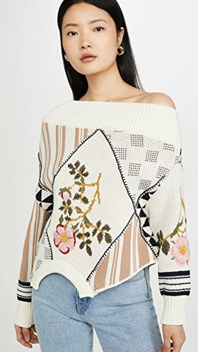 Shop Monse Upside Down Floral Intarsia Patch Sweater In Linen Multi