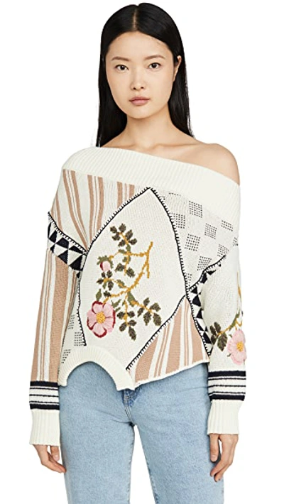Shop Monse Upside Down Floral Intarsia Patch Sweater In Linen Multi