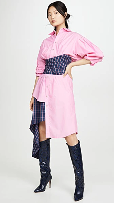 Shop Natasha Zinko Corseted Wrap Around Midi Shirt Dress In Pink/navy
