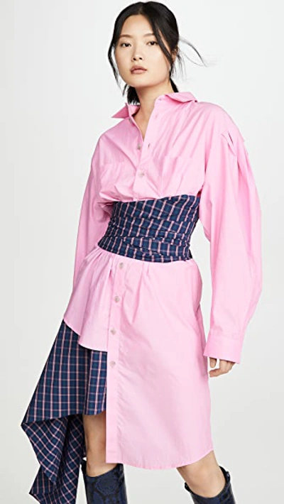 Shop Natasha Zinko Corseted Wrap Around Midi Shirt Dress In Pink/navy
