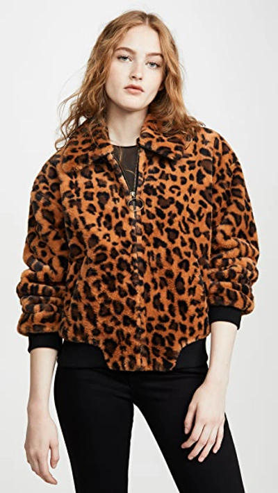 Shop Joa Leopard Faux Fur Bomber Jacket In Leopard/caramel