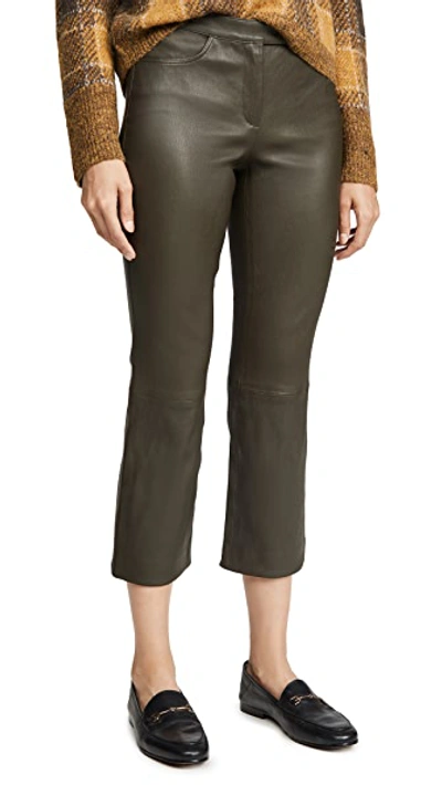 Shop Theory Cropped Leather Pants In Green Slate