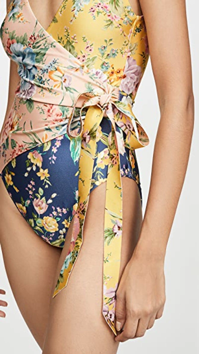 Shop Zimmermann Zinnia Wrap One Piece Swimsuit In Spliced